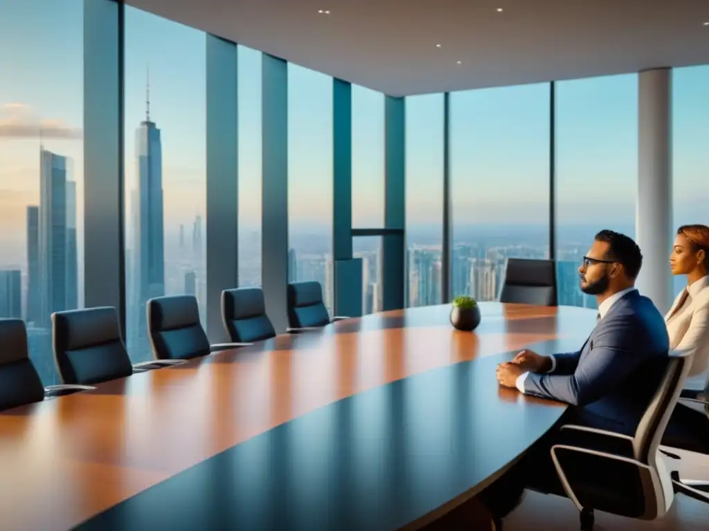 Un grupo diverso de profesionales de negocios se reúne en una sala de juntas futurista con una ciudad en el fondo