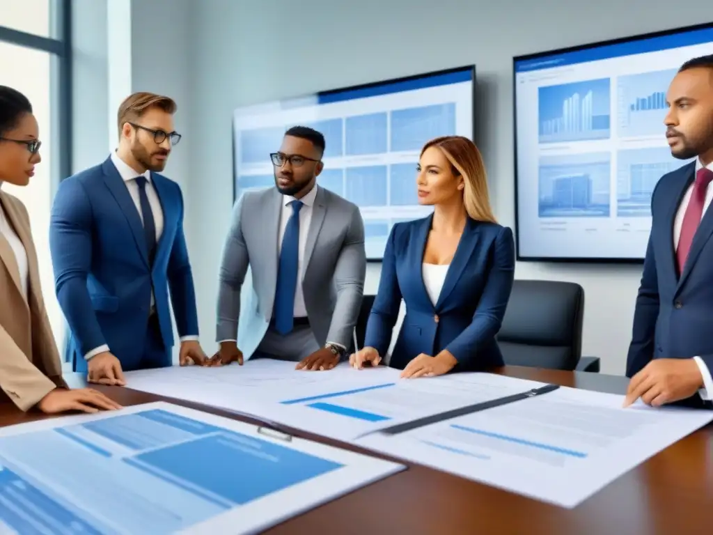 Profesionales debaten normativas y códigos en oficina moderna Un grupo diverso de profesionales discute normativa local en inmuebles en una oficina moderna