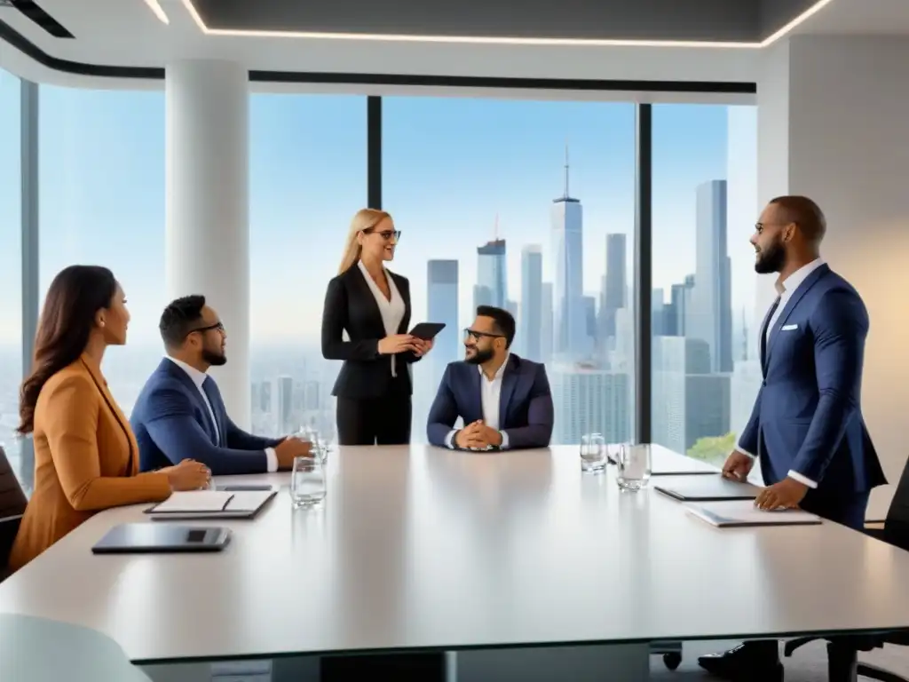 Profesionales colaborando en oficina moderna y luminosa Un grupo diverso de profesionales discutiendo en una oficina moderna y luminosa