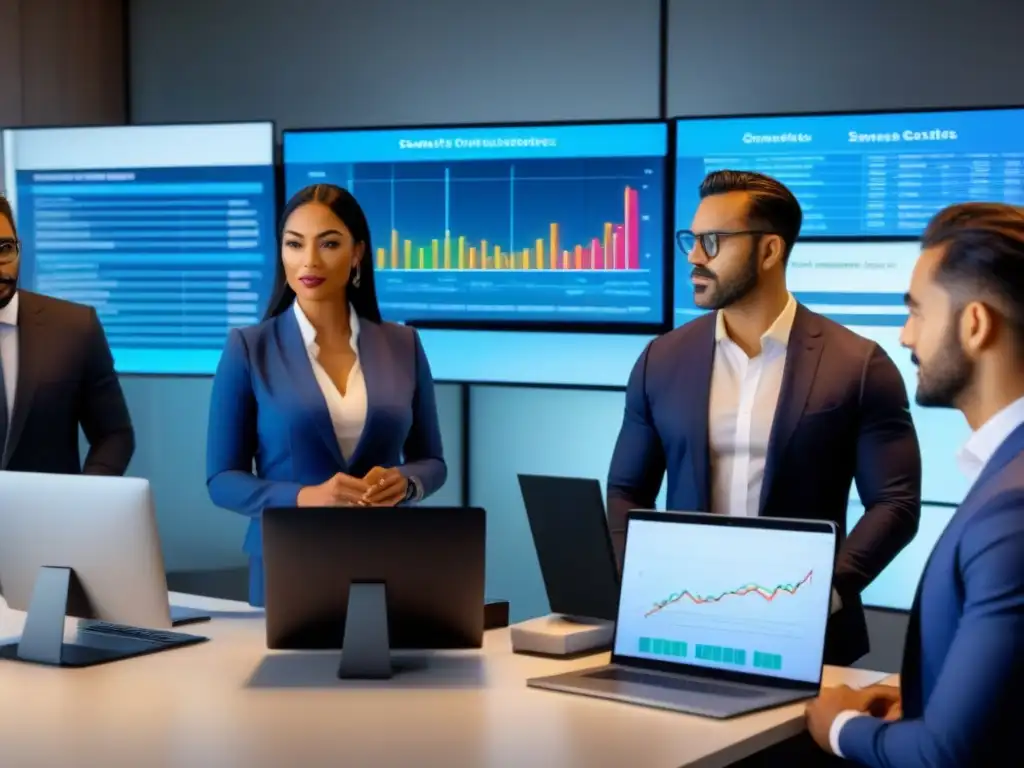 Profesionales innovadores debaten estrategias financieras inmobiliarias Un grupo diverso de profesionales en una oficina moderna, discutiendo estrategias financieras para créditos inmobiliarios en crisis
