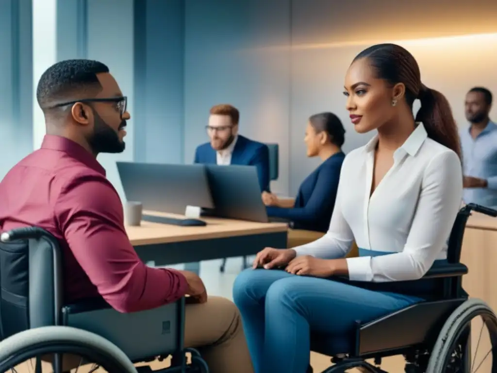 Innovación inclusiva: profesionales diversos colaborando en oficina moderna Un grupo diverso de profesionales colabora en una oficina moderna, incluyendo a personas con discapacidad