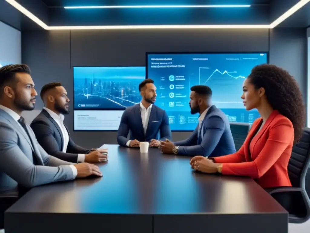 Jóvenes profesionales diversificados innovando en financiamiento inmobiliario Grupo diverso de profesionales en oficina futurista con conceptos innovadores de financiamiento inmobiliario