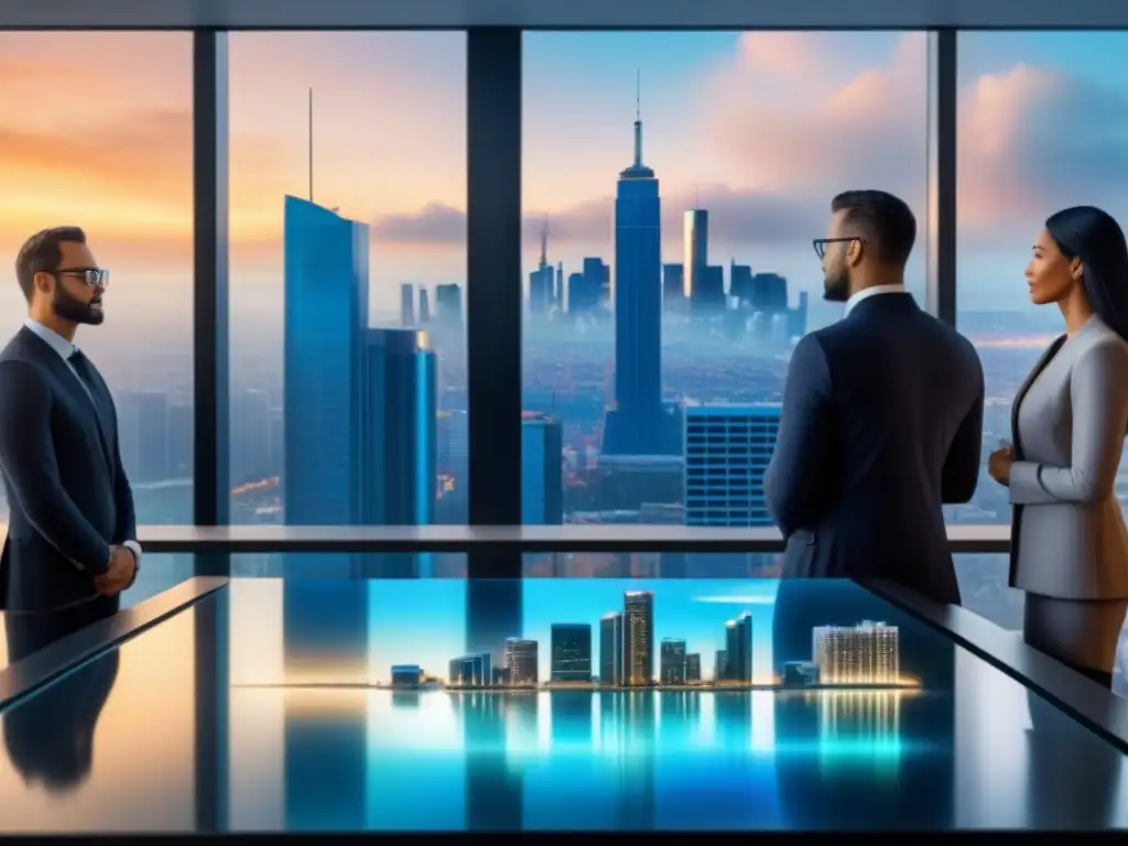 Diversidad e innovación en el sector inmobiliario Un grupo diverso de profesionales se reúne en una oficina futurista, analizando tendencias del mercado inmobiliario en una pantalla holográfica
