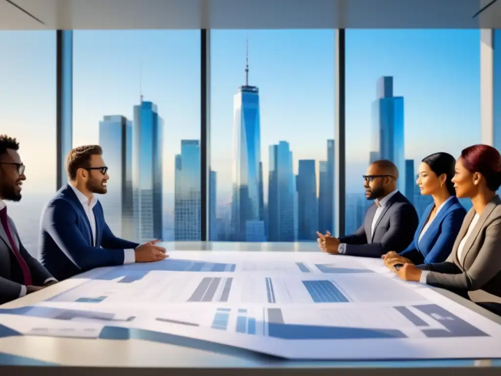 Profesionales innovadores en reunión de crowdfunding inmobiliario Un grupo diverso de profesionales se reúne en una oficina moderna, discutiendo estrategias de crowdfunding inmobiliario