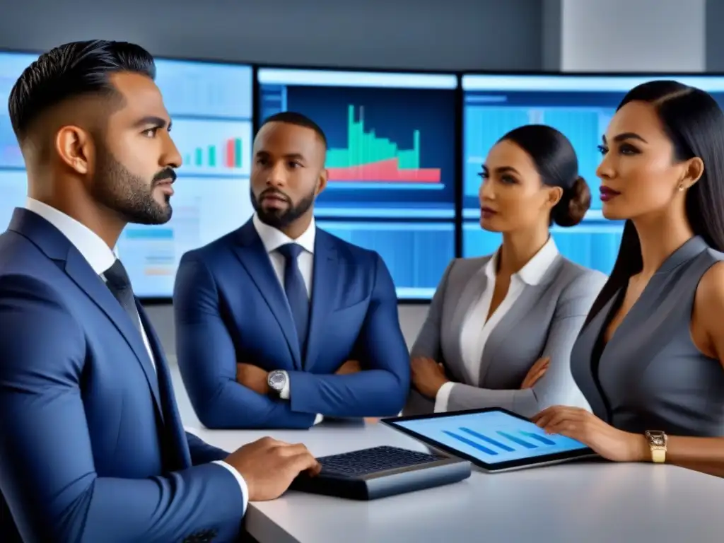 Profesionales expertos en oficina moderna, diversidad y tecnología Un grupo diverso de profesionales en una oficina moderna, estratégicamente analizando datos financieros
