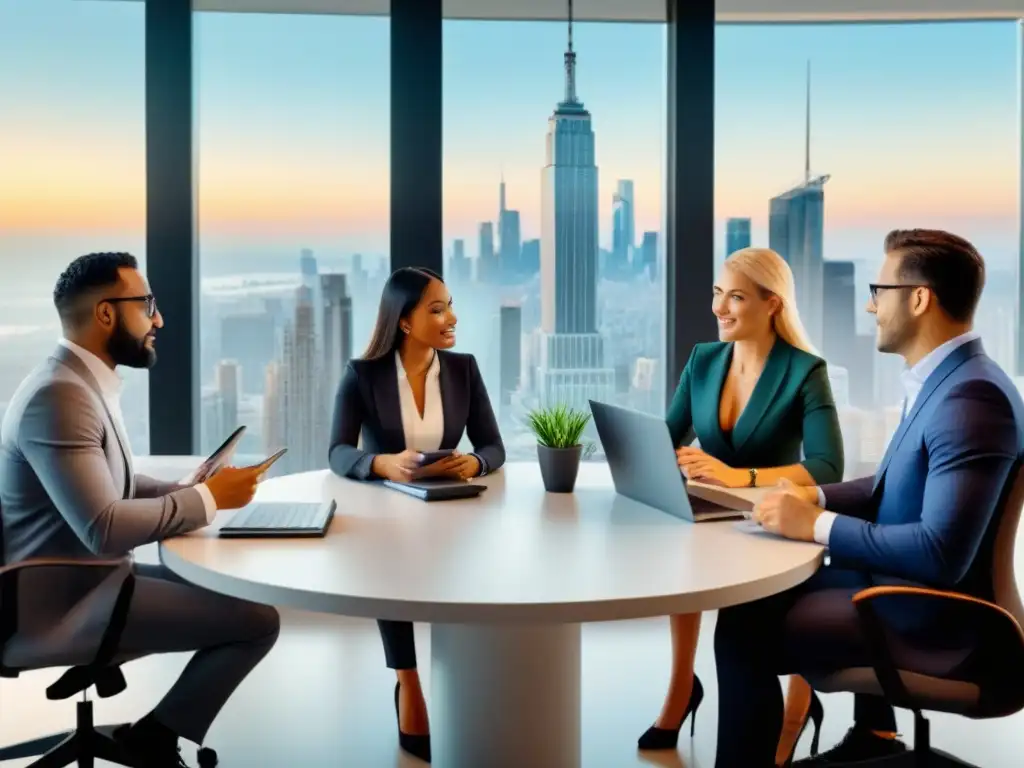 Profesionales diversos en oficina moderna debatiendo sobre sindicación inmobiliaria Un grupo diverso de profesionales en una oficina moderna discutiendo sobre sindicación inmobiliaria