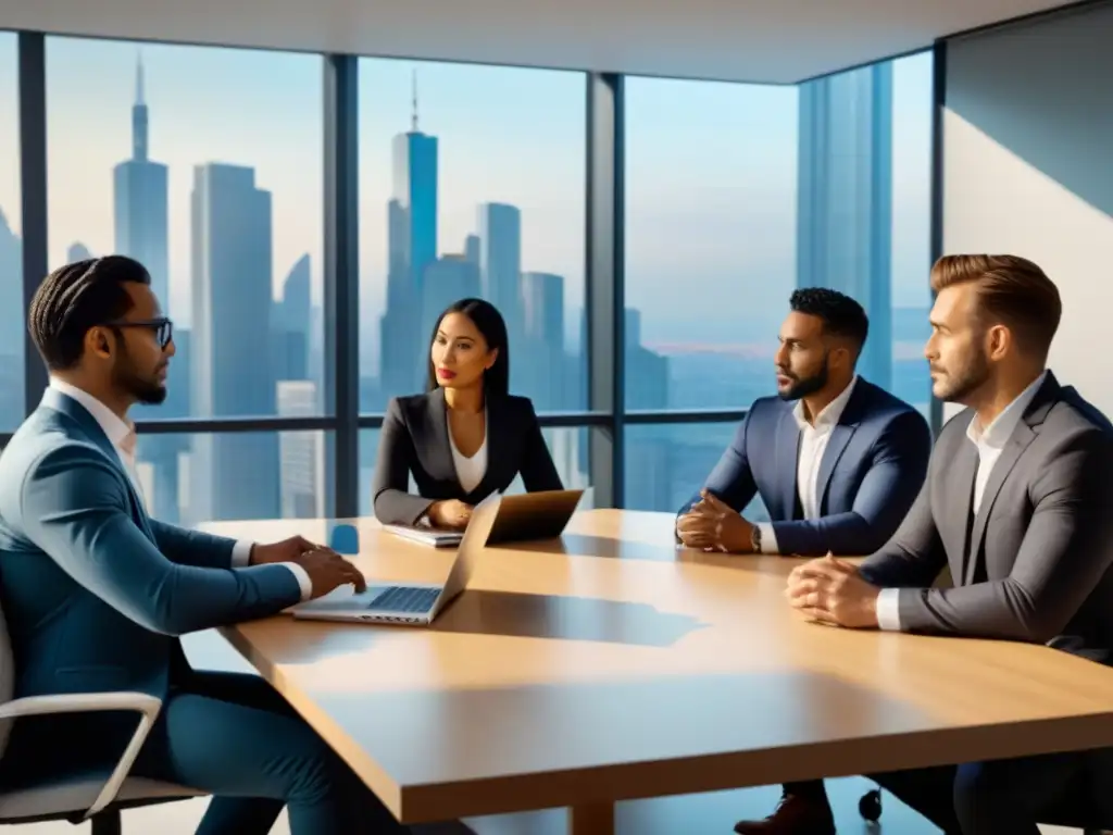 Profesionales en oficina moderna discuten sobre sindicación inmobiliaria Un grupo diverso de profesionales en una oficina moderna discute sobre sindicación inmobiliaria