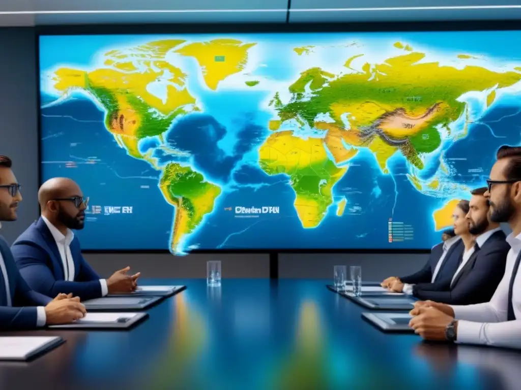 Profesionales debaten inversiones inmobiliarias globales en oficina moderna Un grupo diverso de profesionales colaborando en una oficina moderna, discutiendo sobre Invertir en REITs Globales
