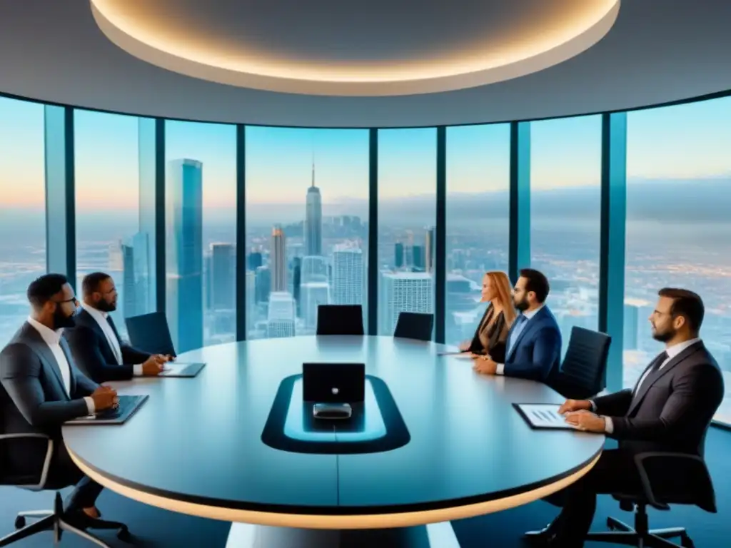 Profesionales reunidos en mesa futurista en oficina moderna Un grupo diverso de profesionales debatiendo estratégicamente en una oficina moderna con vista a la ciudad