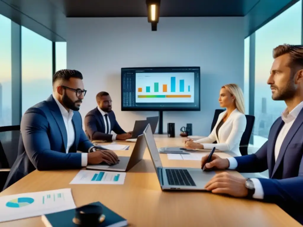 Profesionales colaborando en oficina moderna Un grupo diverso de profesionales colabora en una oficina moderna, planificando estrategias financieras con gráficos y dispositivos digitales
