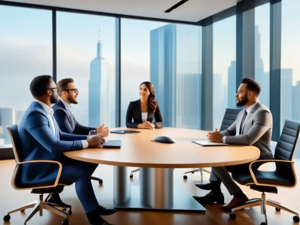 Profesionales colaborando en oficina moderna Un grupo diverso de profesionales en una oficina moderna, colaborando en una discusión alrededor de una mesa de conferencias