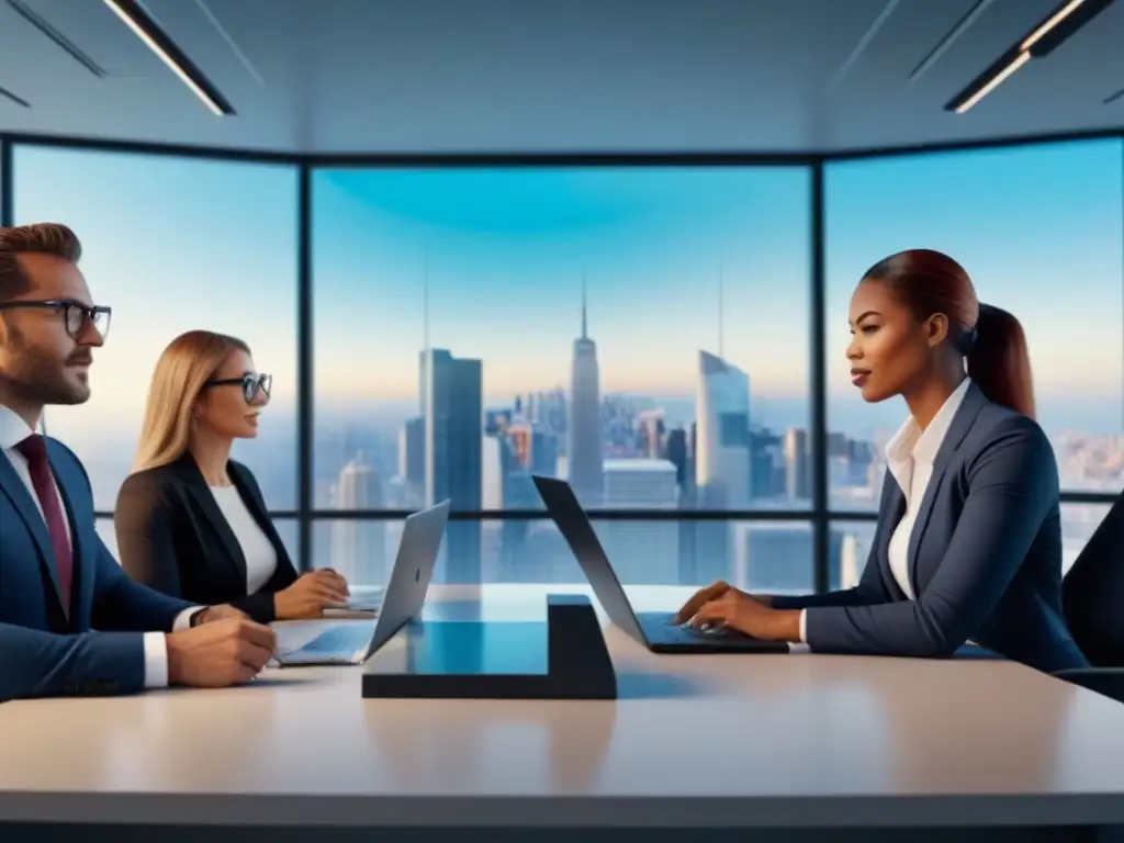 Profesionales debatiendo estrategias financieras en oficina moderna Un grupo diverso de profesionales en una oficina moderna discuten sobre el mejor servicio financiero para proyectos inmobiliarios