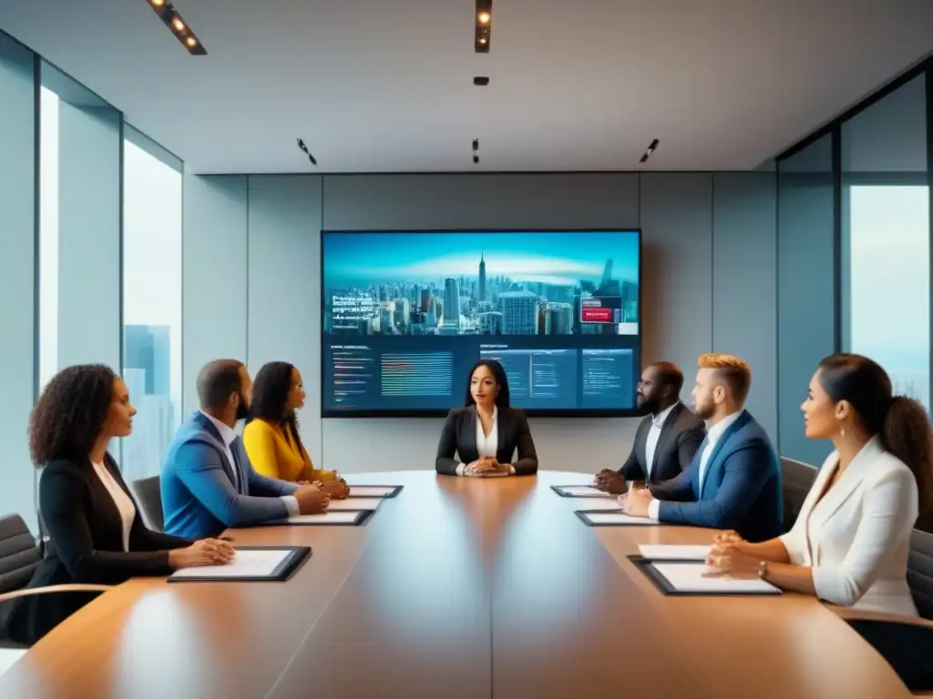 Reunión profesional en oficina moderna con expertos en finanzas Un grupo diverso de profesionales en una oficina moderna discutiendo sobre Servicios financieros para inversiones inmobiliarias