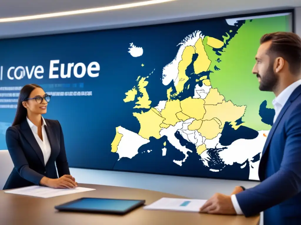 Profesionales diversificados debatiendo estrategias inmobiliarias en Europa Grupo diverso de profesionales en una oficina moderna discutiendo estrategias con mapa de Europa y símbolos inmobiliarios