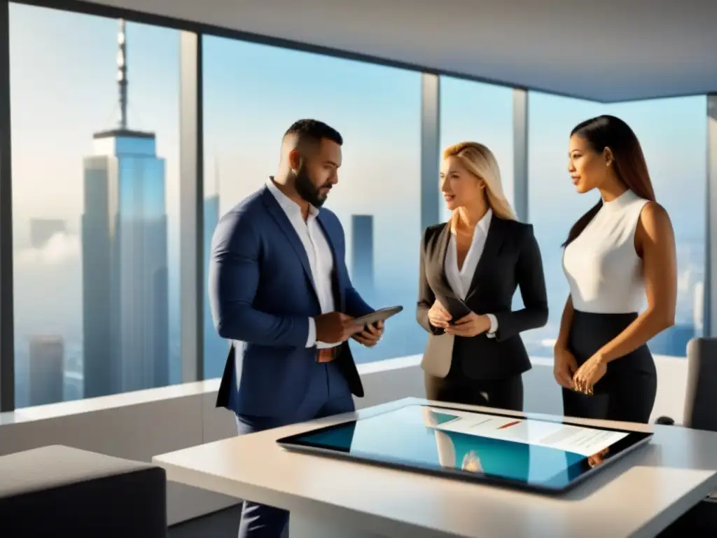 Profesionales innovadores en oficina moderna discuten estrategias de inversión inmobiliaria Un grupo diverso de profesionales en una oficina moderna discuten estrategias de financiamiento inmobiliario a través de crowdfunding