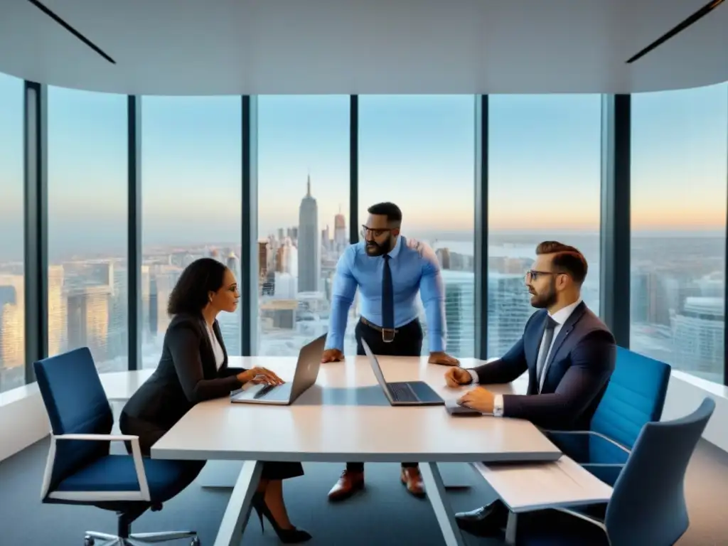 Profesionales en brainstorming: Imagen de oficina moderna Un grupo diverso de profesionales en una oficina moderna, discutiendo sobre financiamiento inmobiliario en economía compartida