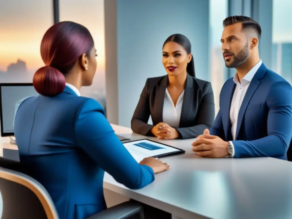 Profesionales innovadores en reunión estratégica de marketing de seguros Un grupo diverso de profesionales en una oficina moderna discutiendo estrategias de programas afiliados seguros propiedad 2023