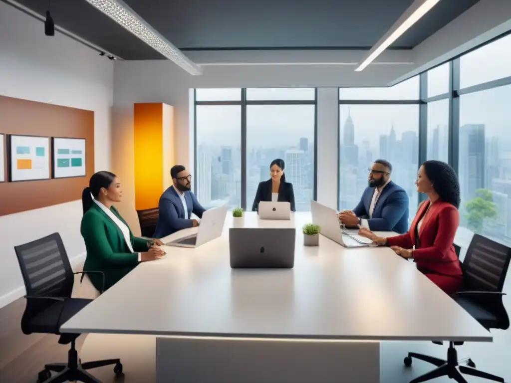 Equipo diverso en oficina moderna: colaboración y productividad Un grupo diverso de profesionales colaborando en una oficina moderna, transmitiendo trabajo en equipo e innovación