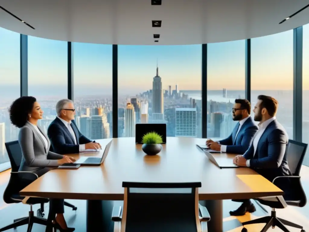 Profesionales de negocios en reunión estratégica con vista panorámica Un grupo diverso de profesionales se reúne en una oficina moderna para maximizar ganancias en inversión inmobiliaria internacional