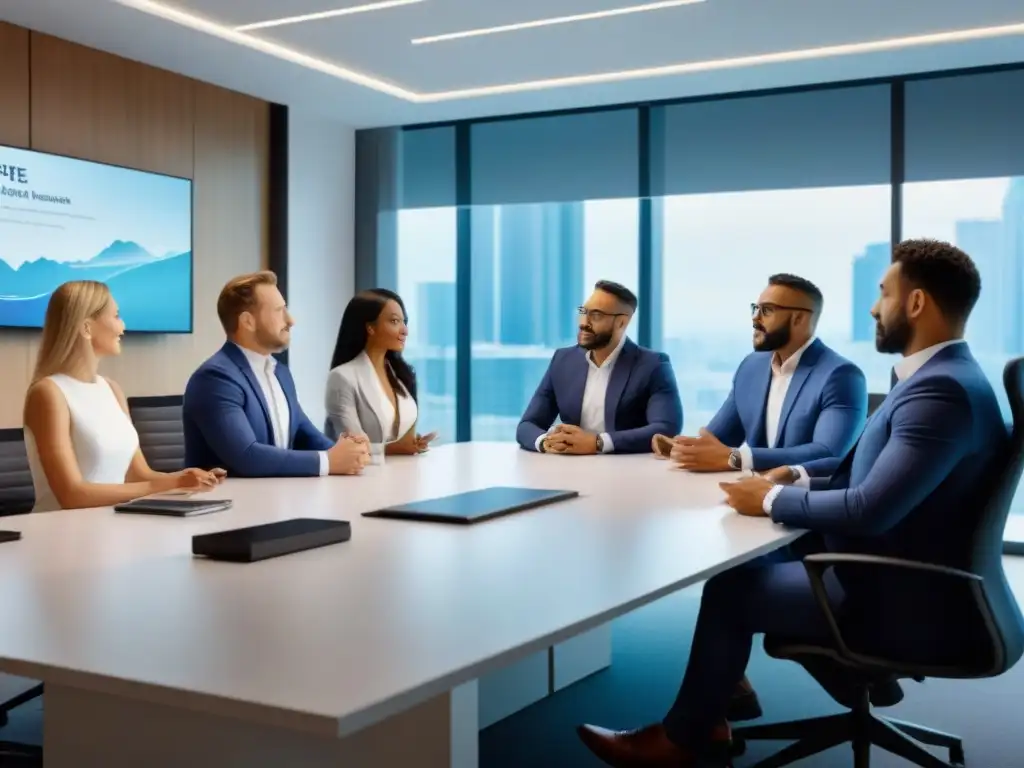 Un grupo diverso de profesionales en una oficina moderna discutiendo sobre financiamiento inmobiliario y cambios políticas globales