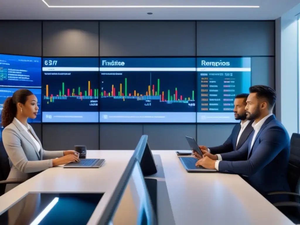 Profesionales en oficina futurista discuten regulaciones financieras Grupo diverso de profesionales en oficina moderna discutiendo normativa financiera préstamos inmobiliarios digital