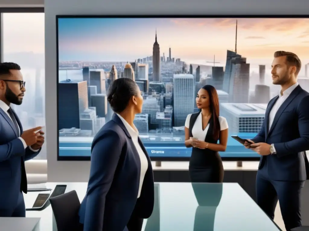 Profesionales colaboran en moderna oficina, discutiendo regulaciones inmobiliarias Grupo diverso de profesionales colaborando en una oficina moderna, adaptándose a regulaciones inmobiliarias con estrategias proactivas