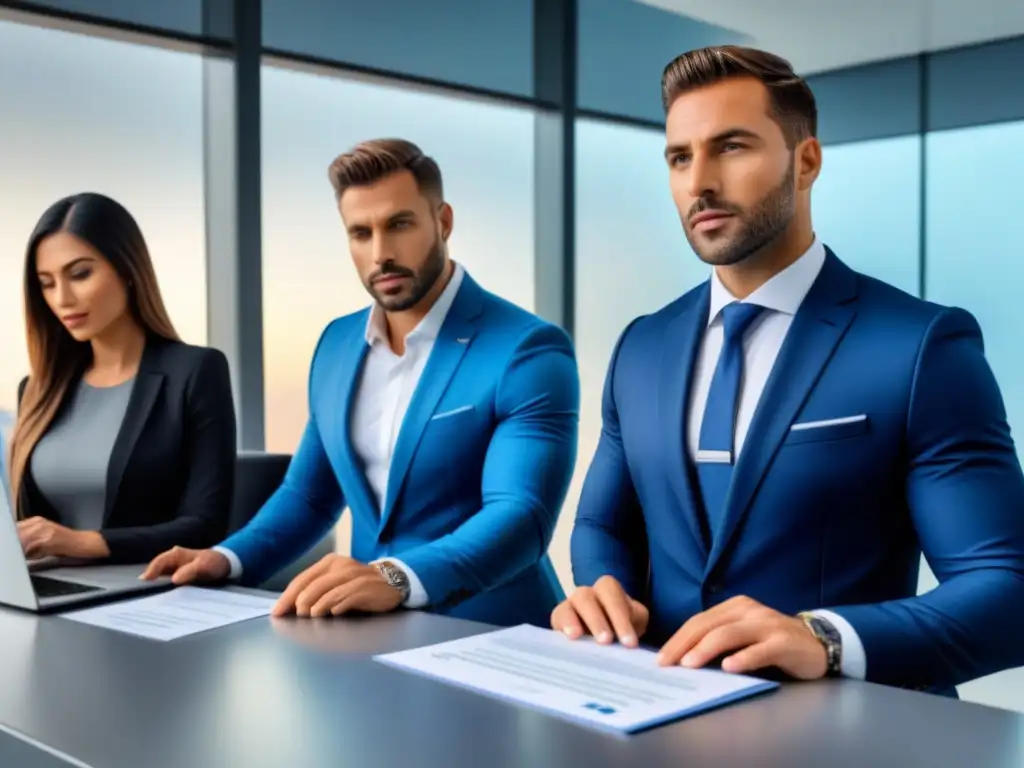 Verificación de identidad digital en transacciones inmobiliarias Un grupo diverso de profesionales en una oficina moderna realizando verificación de identidad en transacciones inmobiliarias