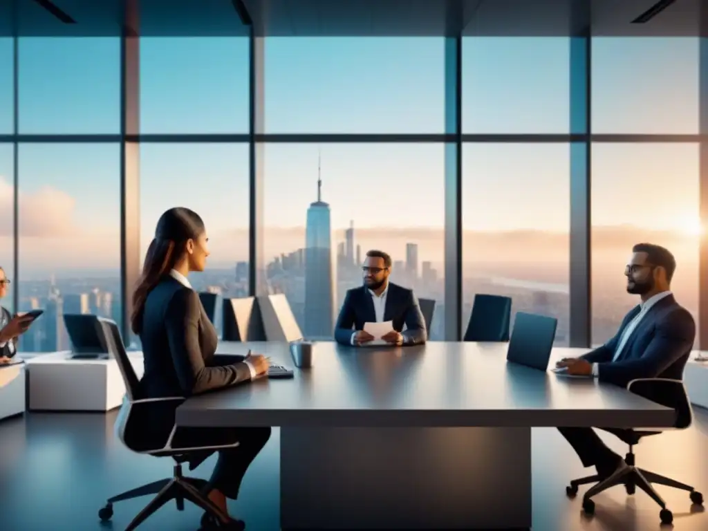 Profesionales colaborando en oficina moderna 8k Un grupo diverso de profesionales en una oficina moderna discuten leyes de protección de datos en transacciones inmobiliarias
