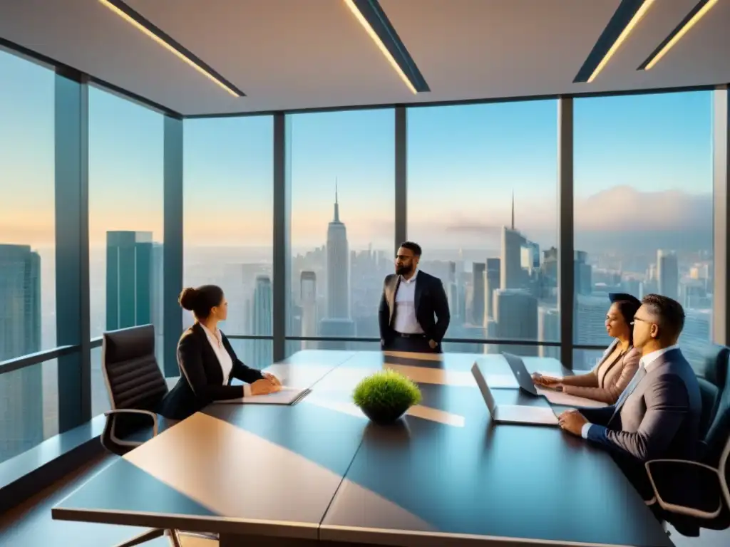 Profesionales expertos en oficina moderna: consultoría fiscal, legal y financiera Un grupo diverso de profesionales en una oficina moderna discutiendo sobre consultoría fiscal y protección de inversiones inmobiliarias