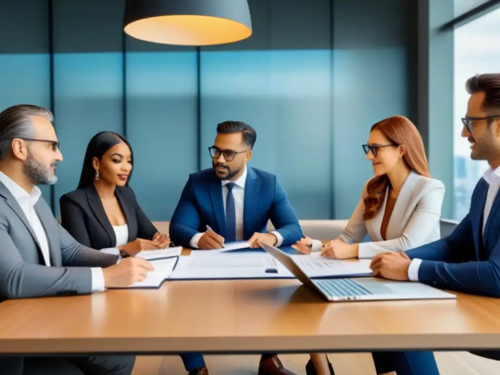 Profesionales expertos en inversión inmobiliaria extranjera Un grupo diverso de profesionales en una oficina moderna, discutiendo sobre inversiones inmobiliarias extranjeras