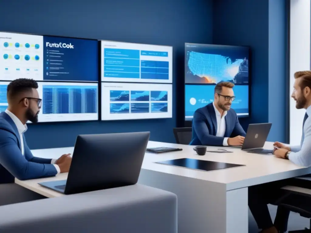 Profesionales innovadores en oficina ultramoderna Un grupo diverso de profesionales colaborando en una oficina moderna, discutiendo sobre financiamiento inmobiliario y IA