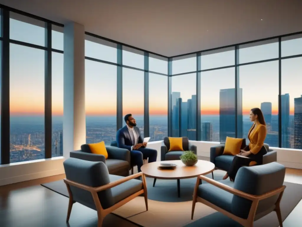 Innovación en Fintech: Profesionales analizan inversión inmobiliaria global Un grupo diverso de profesionales en una oficina moderna discuten sobre gráficos de inversión inmobiliaria en una tablet