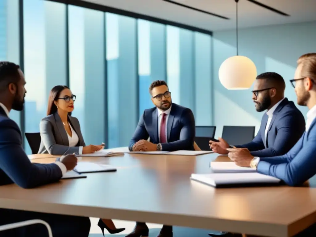 Reunión estratégica de profesionales en moderna oficina Un grupo diverso de profesionales se reúne en una oficina luminosa para discutir estrategias de gestión de créditos inmobiliarios en tiempos de crisis