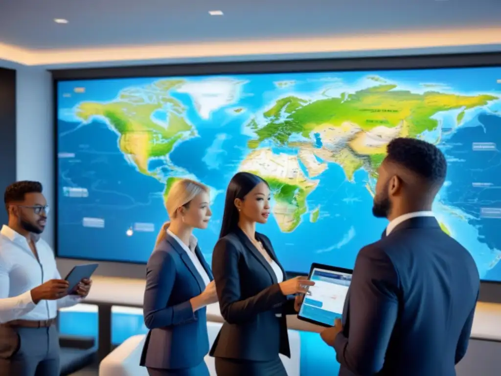Profesionales globales debatiendo inversiones inmobiliarias Un grupo diverso de profesionales en una oficina moderna discuten sobre inversiones inmobiliarias globales