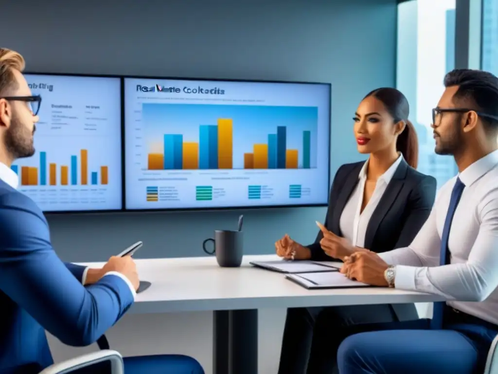 Profesionales diversificados discuten opciones de financiamiento inmobiliario en oficina moderna Un grupo diverso de profesionales discute opciones de financiamiento inmobiliario en una oficina moderna, con gráficos en pantallas digitales