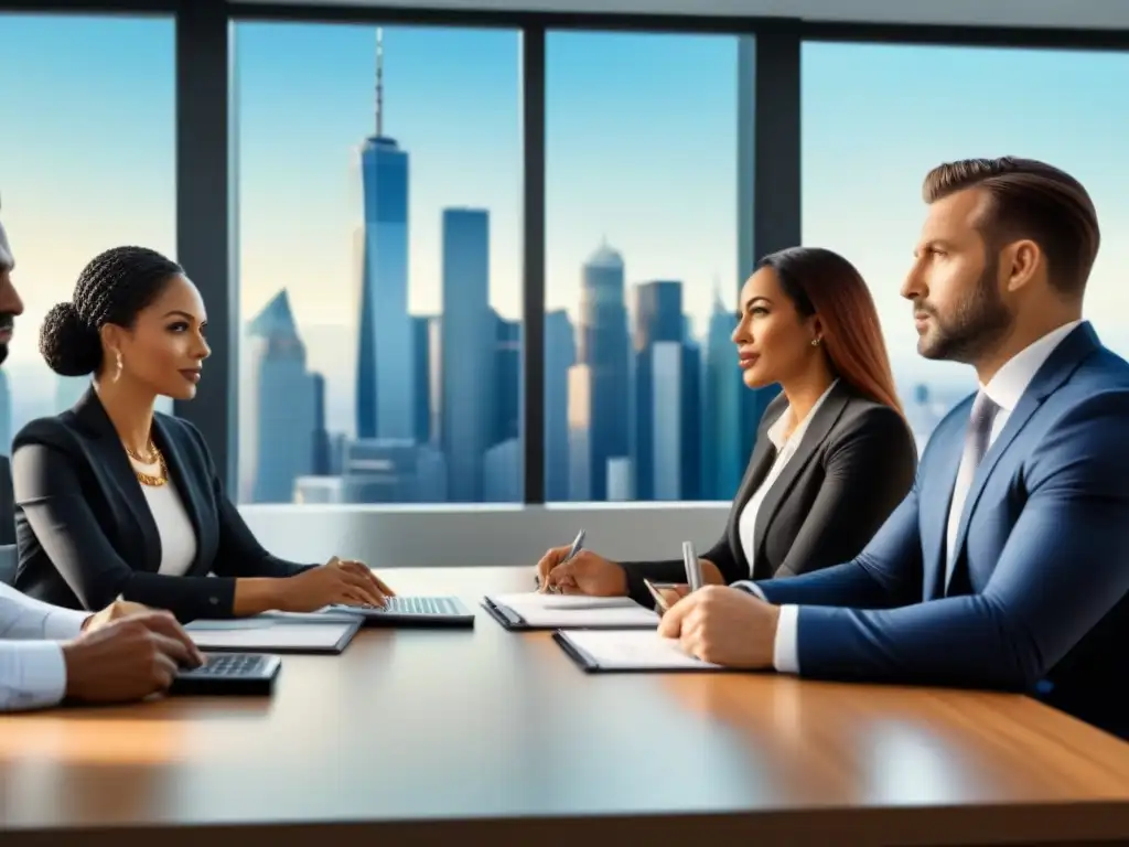 Profesionales expertos planificando financiamiento para segunda vivienda Un grupo diverso de profesionales discute opciones de financiamiento préstamo inmobiliario segunda vivienda en una oficina contemporánea