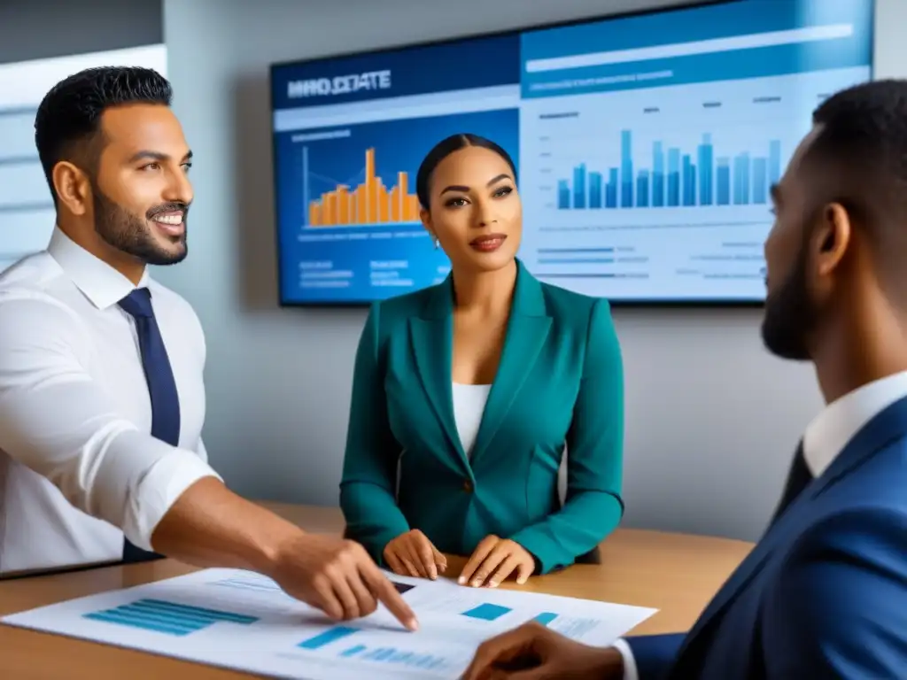 Profesionales diversificados debatiendo opciones de financiamiento inmobiliario Un grupo diverso de profesionales discute opciones financiamiento inmobiliario para minorías en una oficina contemporánea