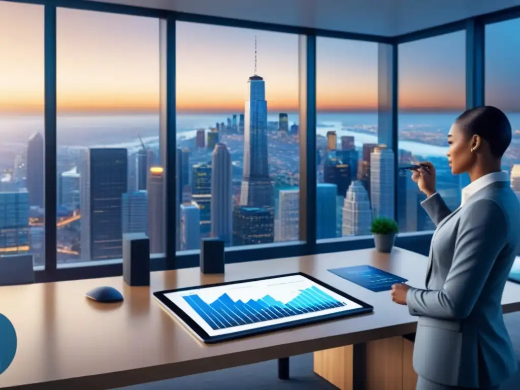 Profesionales analizan oportunidades de inversión inmobiliaria en plataforma digital Un grupo diverso de profesionales discute oportunidades de inversión inmobiliaria en una plataforma digital futurista