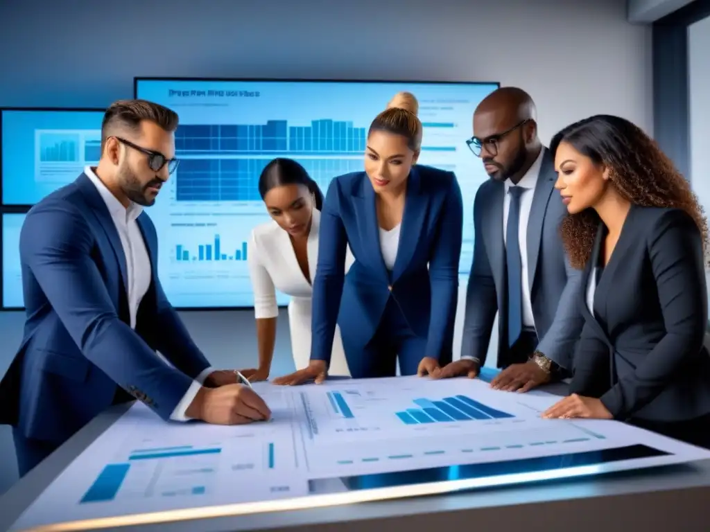Profesionales diversificados innovando en finanzas inmobiliarias Un grupo diverso de profesionales colabora en plataforma digital, rodeados de planos y gráficos financieros