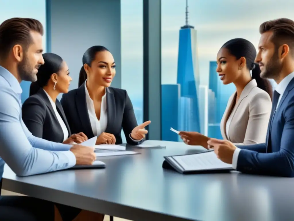 Profesionales debatiendo políticas de financiamiento inmobiliario Un grupo diverso de profesionales discute políticas financiamiento inmobiliario actualizadas en una moderna oficina con vista a la ciudad