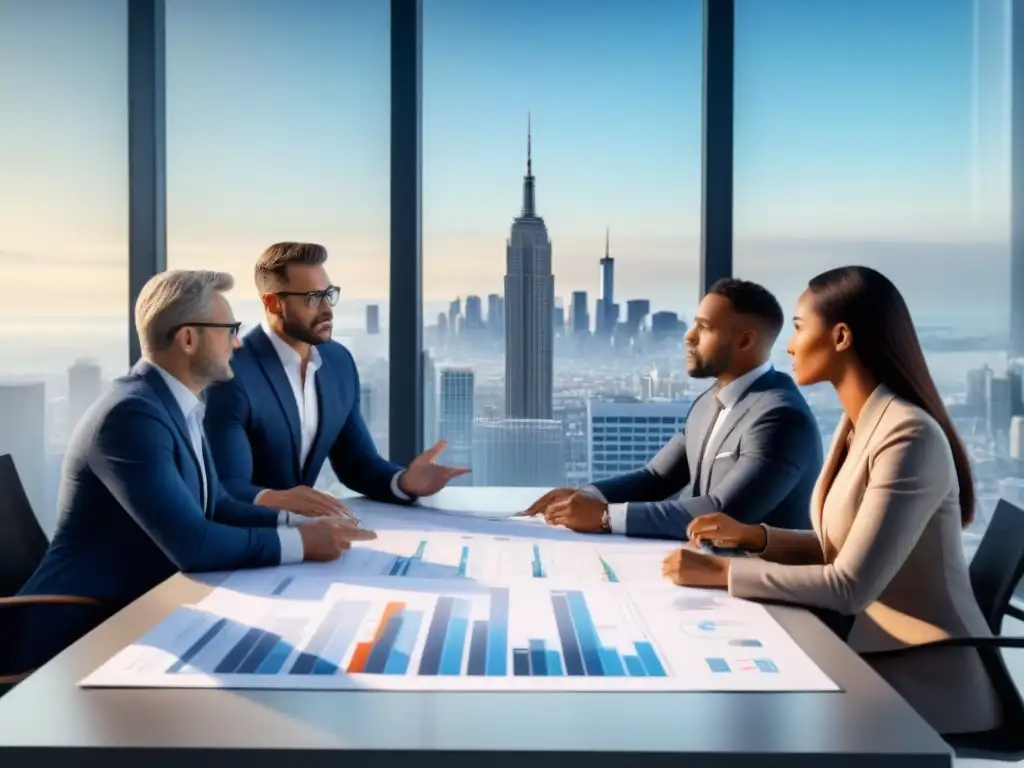 Profesionales colaborando en moderna oficina Un grupo diverso de profesionales discute reestructuración de portafolios inmobiliarios en una moderna oficina con vista a la ciudad