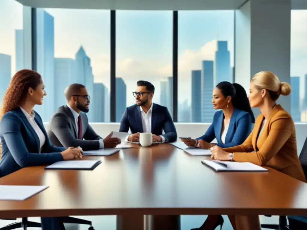 Reunión de negocios en oficina moderna con profesionales diversos Grupo diverso de profesionales negocian préstamo inmobiliario en oficina moderna con luz natural