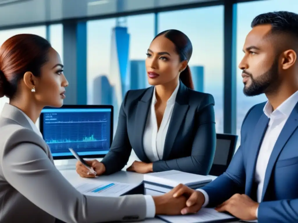 Profesionales debatiendo sobre inversión hipotecaria en oficina moderna Un grupo diverso de profesionales discute sobre préstamos inmobiliarios en una oficina moderna