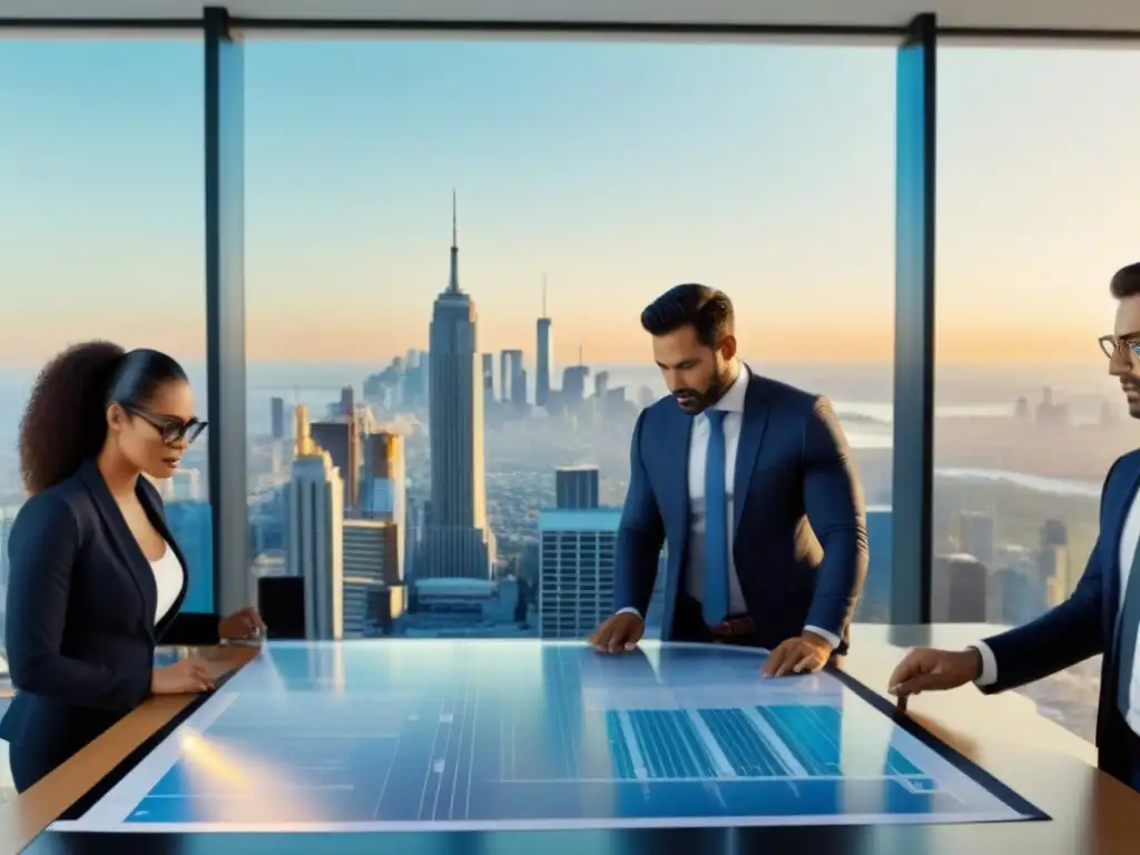 Un grupo diverso de profesionales discute préstamos inmobiliarios en una oficina moderna con tecnología avanzada y vistas a la ciudad