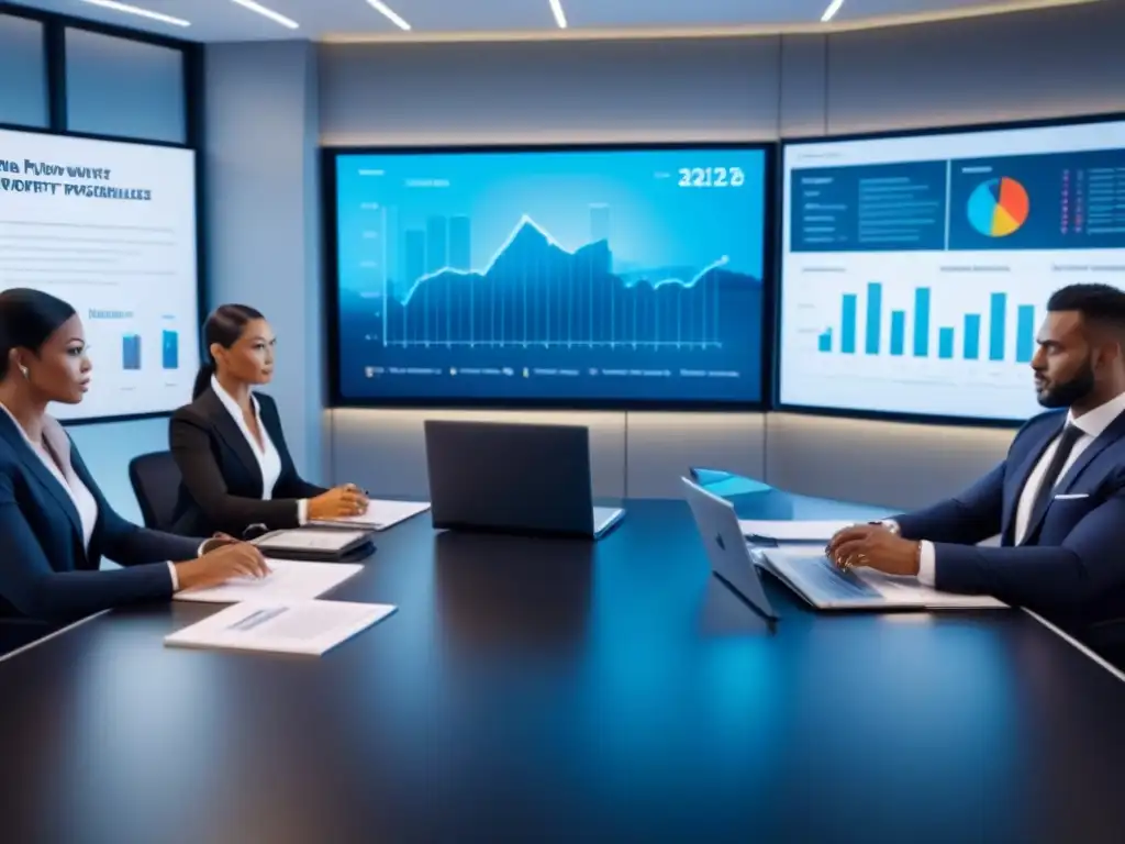Profesionales discuten seguros en oficina futurista Un grupo diverso de profesionales discute programas afiliados seguros propiedad 2023 en una oficina futurista