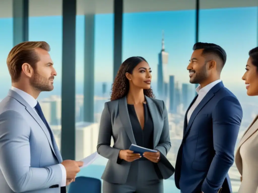 Equipo de expertos en arquitectura y finanzas frente a la ciudad Un grupo diverso de profesionales discute proyectos frente a un edificio moderno, simbolizando oportunidades de Invertir en bienes raíces extranjeros