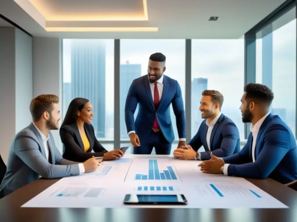 Reunión de jóvenes profesionales en oficina de inversiones inmobiliarias Grupo diverso de profesionales reunidos en una moderna oficina, discutiendo sobre inversiones en bienes raíces principiantes