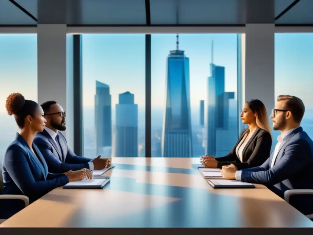 Un grupo diverso de profesionales en una reunión estratégica sobre gestión de deudas inmobiliarias en una oficina moderna