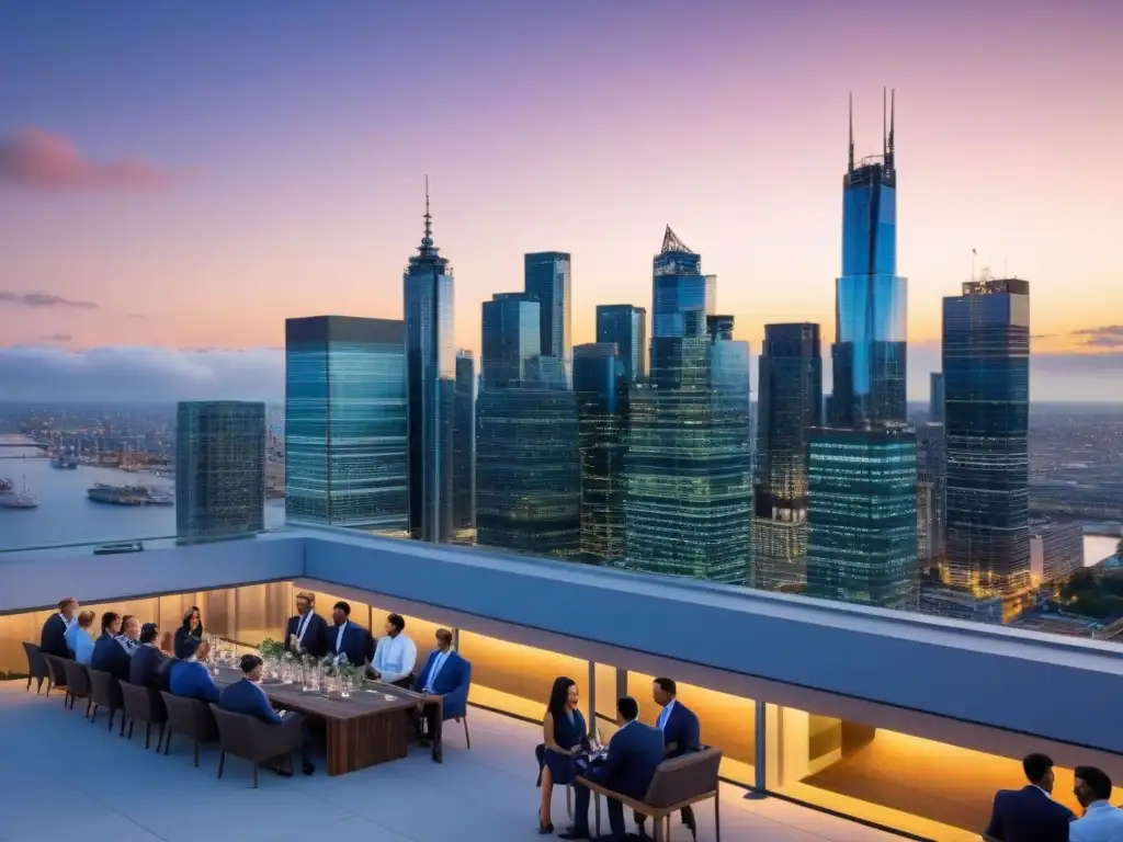 Reunión de negocios en skyline urbano al atardecer Grupo diverso de profesionales en reunión en terraza con vista a la vibrante ciudad al anochecer, iluminada por luces