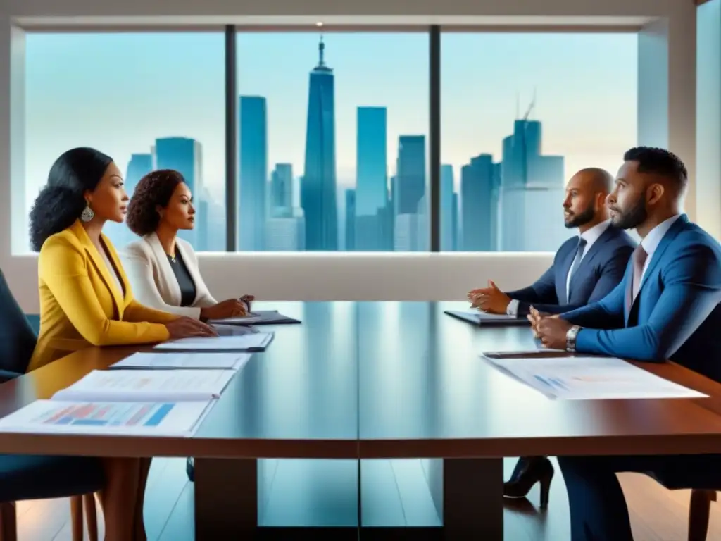 Reunión de profesionales exitosos en financiamiento inmobiliario diverso Grupo diverso de profesionales en reunión sobre financiamiento inmobiliario para minorías, simbolizando éxito y empoderamiento